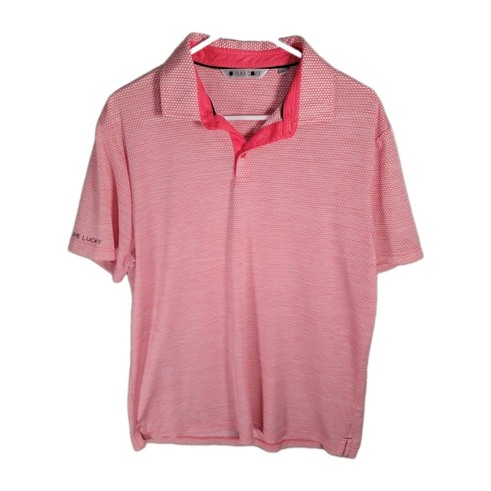 Black Clover Polo Mens Large Coral Pink Hexagon Live Lucky Stretch Golf Shirt